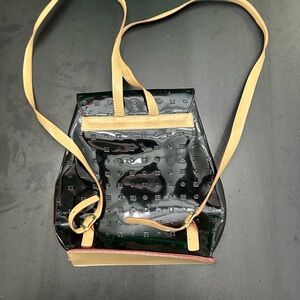 Black Patent Crossbody Shoulder Bag with Beige Straps